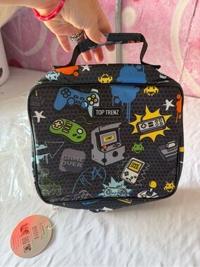 Top Trenz Retro Gamer Lunch Bag - Black with Multicolor Console Print